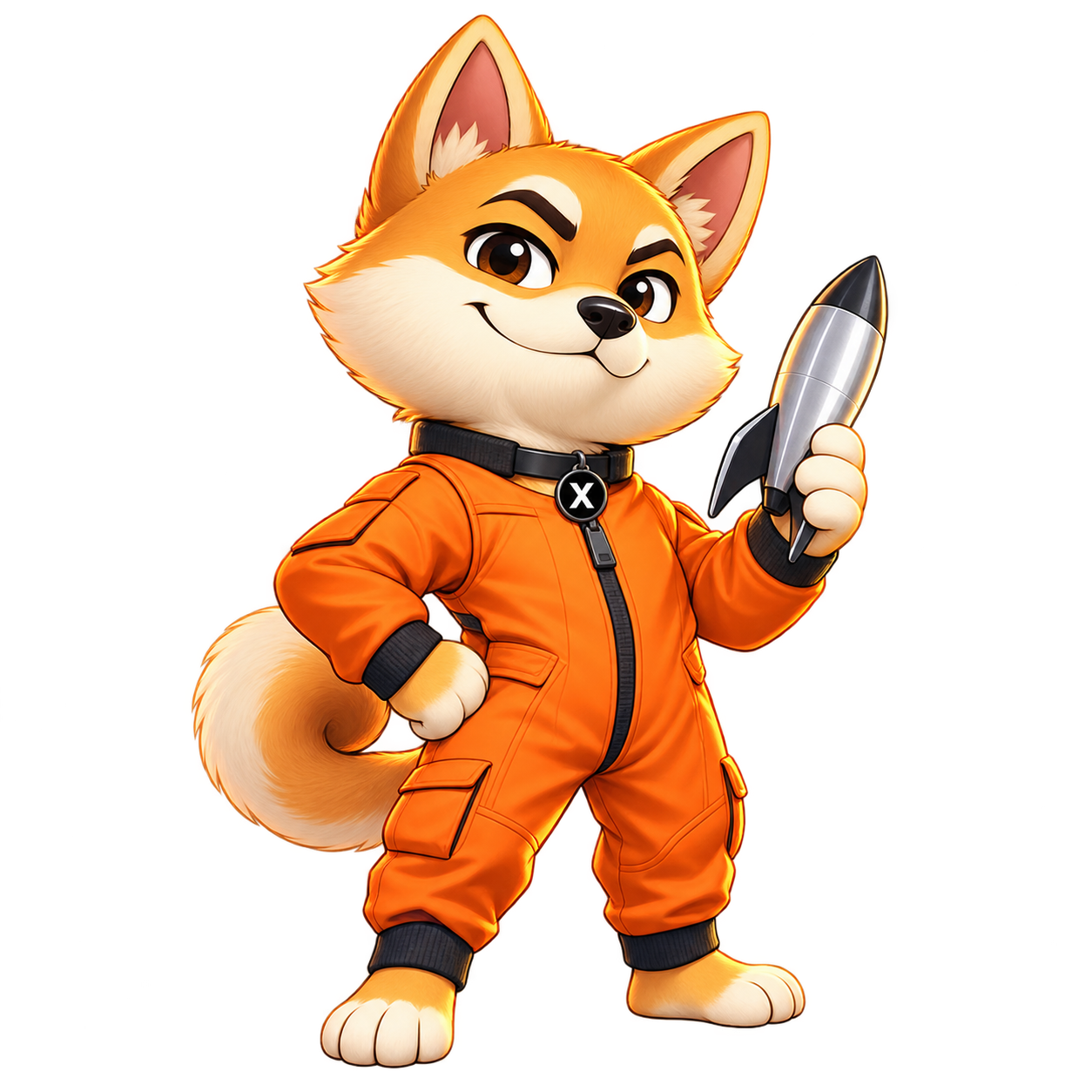 Meet X, the $EI dog mascot, wearing an orange flight suit and holding a rocket